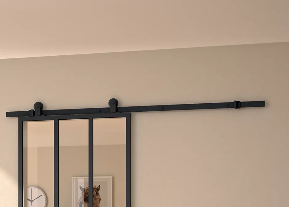 Kit porte coulissante 730 cadre en aluminium noir et rail noir H 204 x 73 x 4cm-Optimum Best