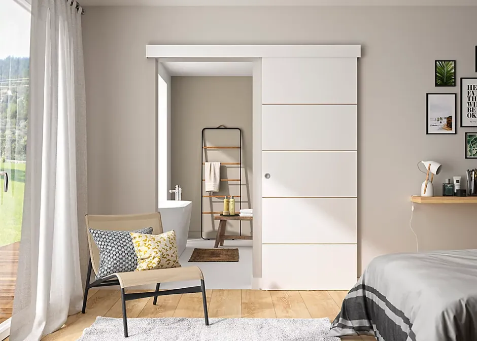 Kit porte coulissante 4 lignes - blanc lignée - + rail 2 amortisseurs + cache rail blanc - H 204 cm x L 83 cm-Optimum Discount