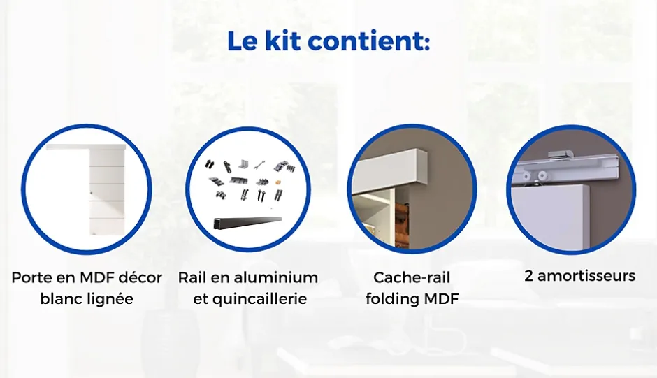 Kit porte coulissante 4 lignes - blanc lignée - + rail 2 amortisseurs + cache rail blanc - H 204 cm x L 83 cm-Optimum Discount