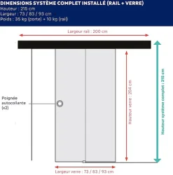 Aurys KIT Porte coulissante en verre + Rail à pince couleur Noir Coffrage - MONDO CLAIRE - H. 204 x L. 73 - Fabrication Française