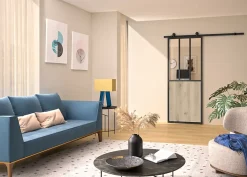 Optimum Kit porte Coulissante en applique Atelier noir chêne terra cadre en aluminium et verre transparent H. 204 X 83 X 3,6 Cm