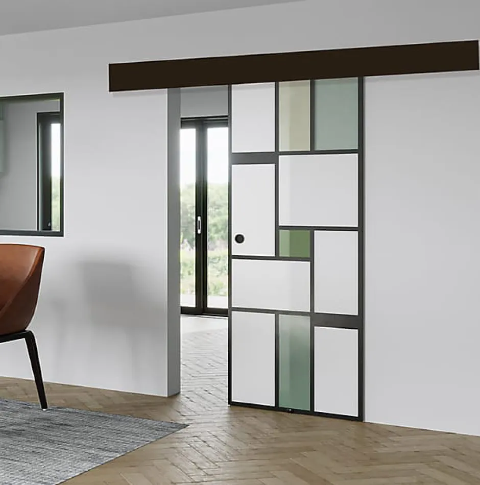 KIT Porte coulissante en verre + Rail à pince Noir Coffrage - MONDO OPAQUE VERTE - H. 204 x L. 93 cm - Fabrication Française-Aurys New