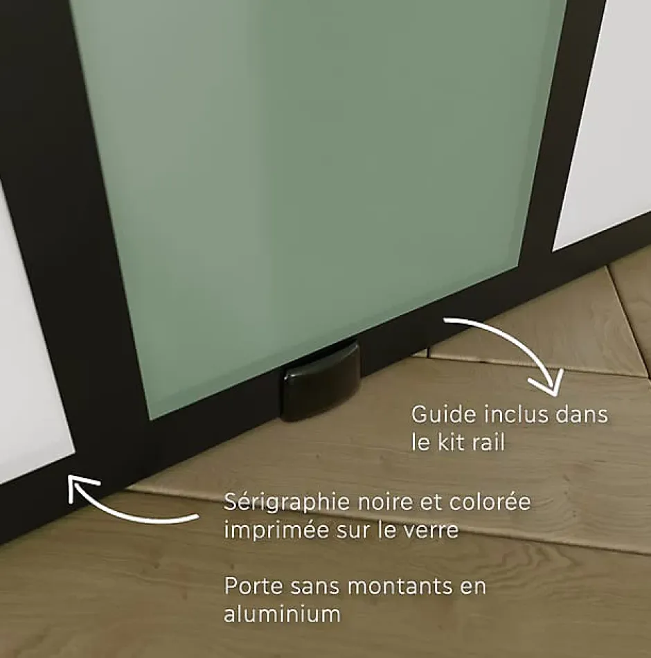 KIT Porte coulissante en verre + Rail à pince Noir Coffrage - MONDO OPAQUE VERTE - H. 204 x L. 93 cm - Fabrication Française-Aurys New