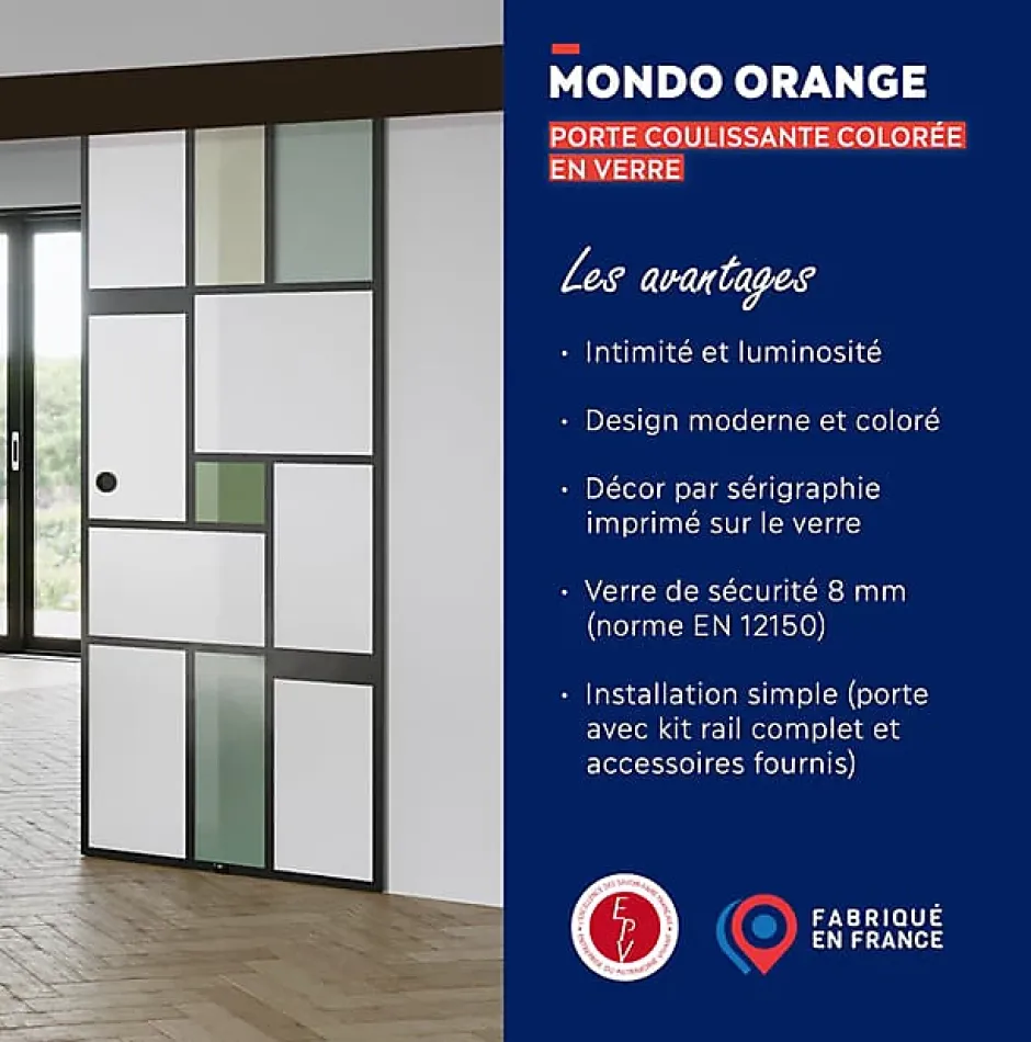 KIT Porte coulissante en verre + Rail à pince Noir Coffrage - MONDO OPAQUE VERTE - H. 204 x L. 93 cm - Fabrication Française-Aurys New