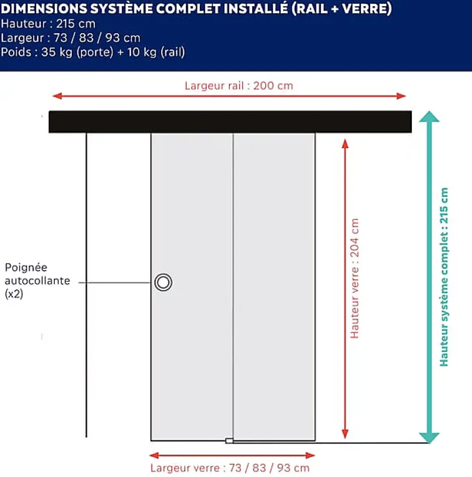 KIT Porte coulissante en verre + Rail à pince Noir Coffrage - MONDO OPAQUE VERTE - H. 204 x L. 93 cm - Fabrication Française-Aurys New