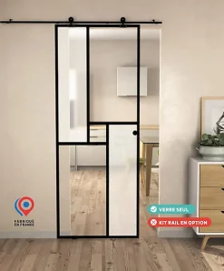 Kit Porte coulissante en verre + Rail coulissant - MINIMO - H. 204 x L. 73 cm - Fabrication Française NORMANDIE-Aurys Clearance