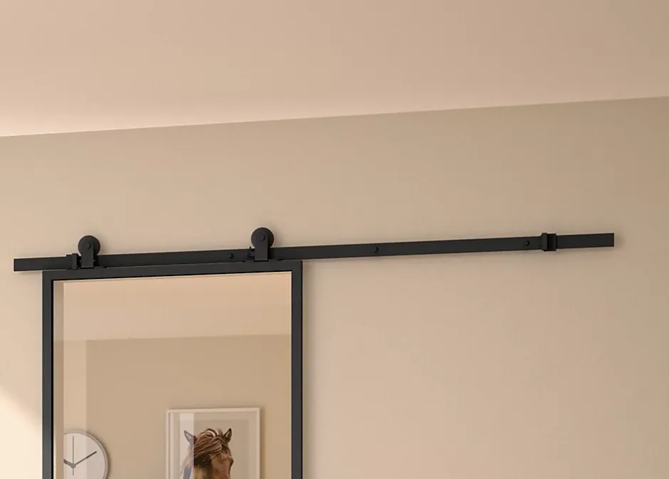 Optimum Kit porte Coulissante en applique Contemporain noir chêne terra cadre en aluminium et verre dépoli Blanc H. 204 x 93 x 3,6 Cm