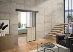 Kit porte coulissante en applique Atelier noir chêne terra cadre en aluminium et verre dépoli Blanc H 204 x 83 x 3,6 cm H 204 x 83 x 3,6 cm-Optimum Clearance