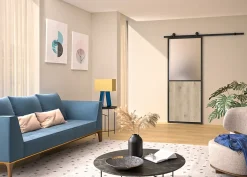 Kit porte Coulissante en applique Atelier noir chêne terra cadre en aluminium et verre dépoli Blanc H. 204 X 93 X 3,6 Cm-Optimum Outlet