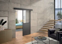 Kit porte coulissante en applique Contemporain noir cadre en aluminium et verre transparent H 204 x 73 x 3,6 cm H 204 x 73 x 3,6 cm-Optimum