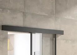 Kit porte coulissante en applique Contemporain noir chêne terra cadre en aluminium et verre transparent H 204 x 93 x 3,6 cm-Optimum Best