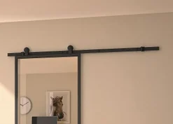 Kit porte Coulissante en applique Contemporain noir cadre en aluminium et verre transparent H. 204 X 93 X 3,6 Cm-Optimum New