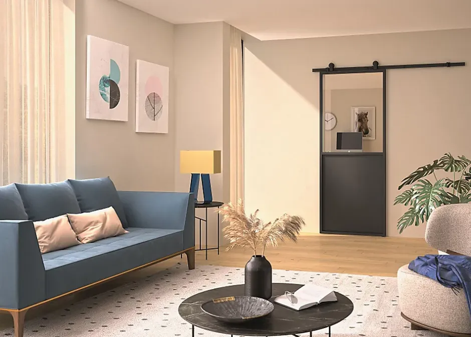 Kit porte Coulissante en applique Contemporain noir cadre en aluminium et verre transparent H. 204 X 93 X 3,6 Cm-Optimum New