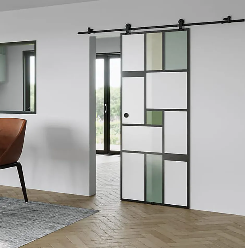 Aurys KIT Porte coulissante en verre + Rail coulissant apparent - MONDO OPAQUE VERTE - H. 204 x L. 73 - Fabrication Française NORM