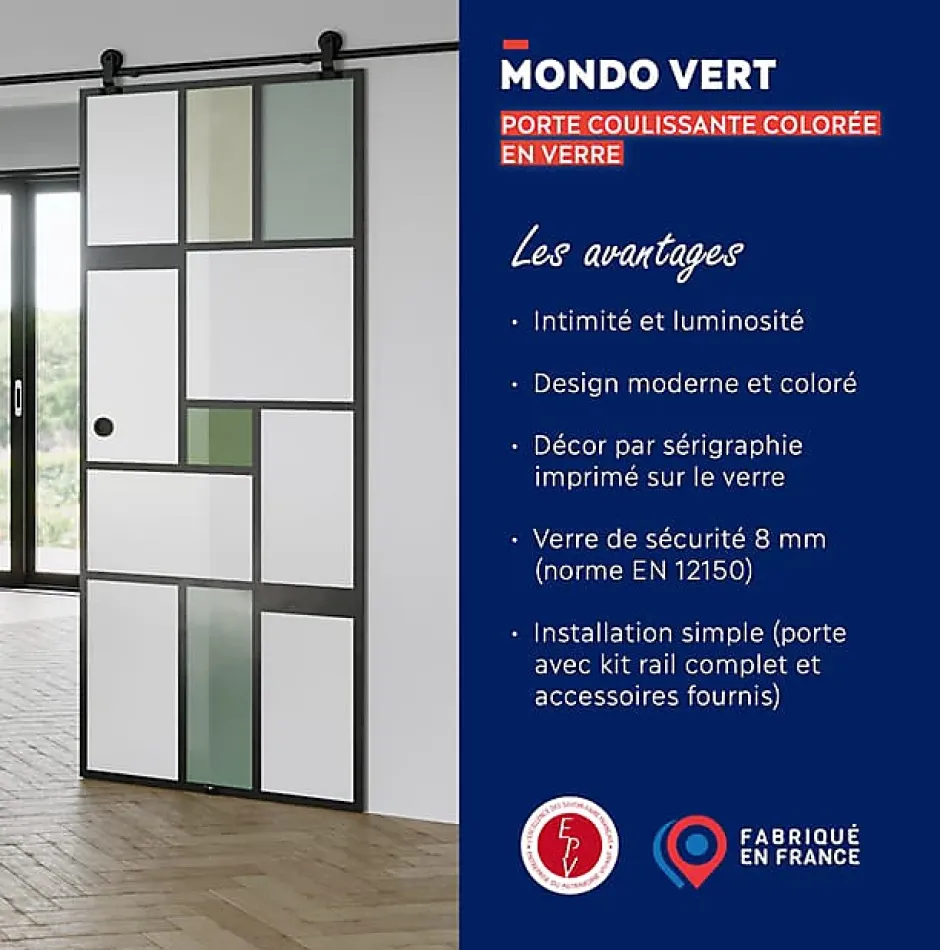 Aurys KIT Porte coulissante en verre + Rail coulissant apparent - MONDO OPAQUE VERTE - H. 204 x L. 73 - Fabrication Française NORM