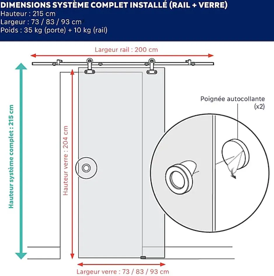 Aurys KIT Porte coulissante en verre + Rail coulissant apparent - MONDO OPAQUE VERTE - H. 204 x L. 73 - Fabrication Française NORM