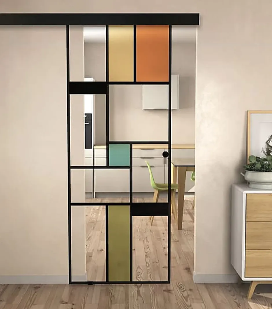 Aurys KIT Porte coulissante en verre + Rail Coulissant Noir Coffrage - MONDO CLAIRE - H. 204 x L. 83 - Fabrication Française