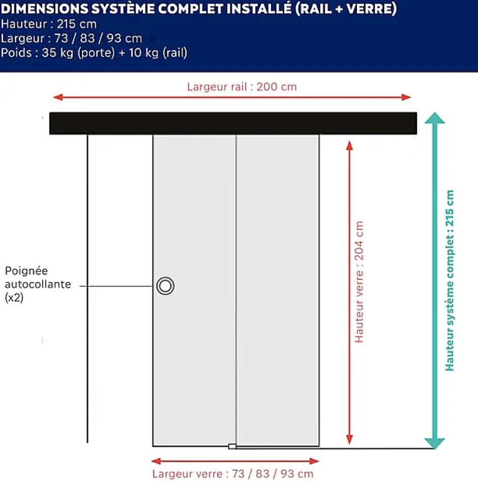 Aurys KIT Porte coulissante en verre + Rail Coulissant Noir Coffrage - MONDO CLAIRE - H. 204 x L. 83 - Fabrication Française