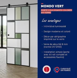 KIT Porte coulissante en verre + Rail coulissant apparent - MONDO OPAQUE VERTE - H. 204 x L. 93 - Fabrication Française NORM-Aurys Hot