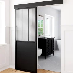 IDMarket Kit porte coulissante verrière 83 cm en métal + MDF avec rail et fixations