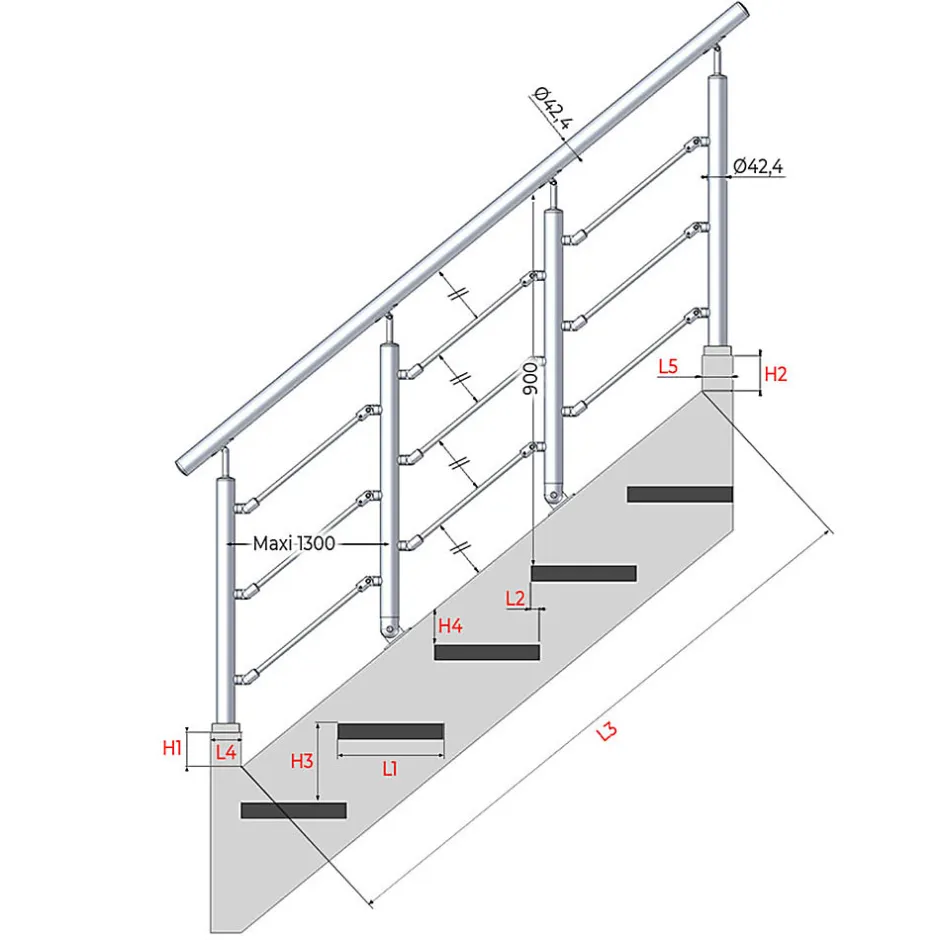 Kit Réno inox pour garde-corps d'escalier - 4 poteaux - Main courante - 3 barres sur supports axiaux-MySystem Best
