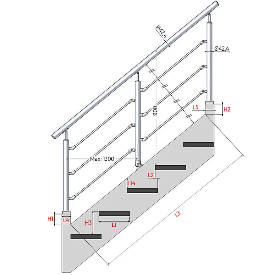 MySystem Kit Réno inox pour garde-corps d'escalier - 3 poteaux - Main courante - 3 barres sur supports axiaux