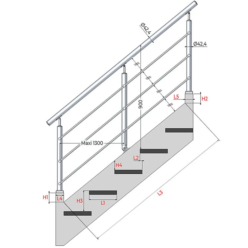 MySystem Kit Réno inox pour garde-corps d'escalier - 3 poteaux - Main courante - 3 barres sur supports transversaux et borgnes