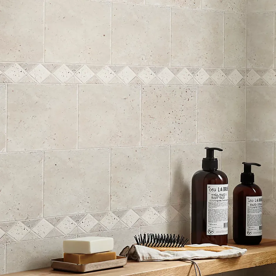 GoodHome Listel travertin pierre naturelle losanges beige marron 31.5 x 6,7 x ép. 0,8 cm