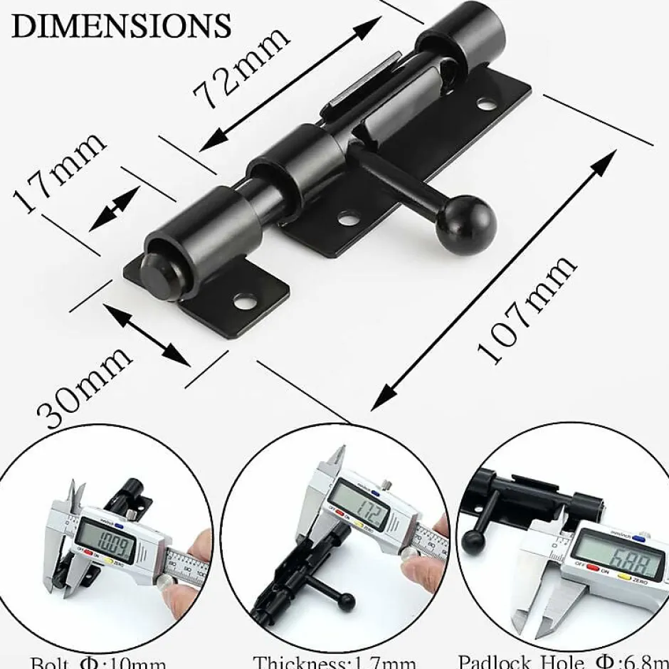 Loquet de porte à boulon avec trou de verrouillage, serrure de porte coulissante en acier inoxydable 304, 4 pouces, noir, 2 packs-Deko Discount