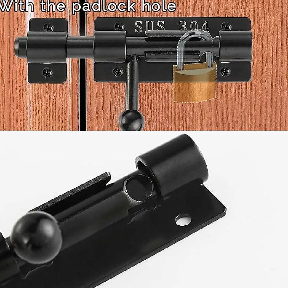 Loquet de porte à boulon avec trou de verrouillage, serrure de porte coulissante en acier inoxydable 304, 4 pouces, noir, 2 packs-Deko Discount