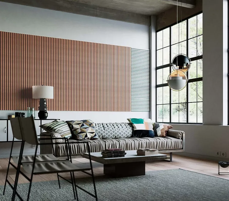 Lot 2 Panneaux Muraux Acoustiques en Bois - 60x60cm - Frêne gris - A Lattes - Panneau Tasseau de Bois Naturel-Quiet Wall Best