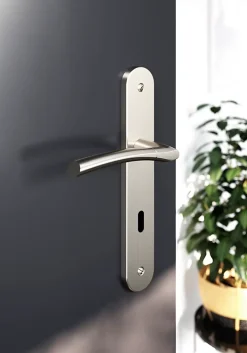 Lot 3 poignées sur plaque rond serrure GoodHome Hirel effet nickel satin gris L.128mm x l.40mm entraxe 195mm