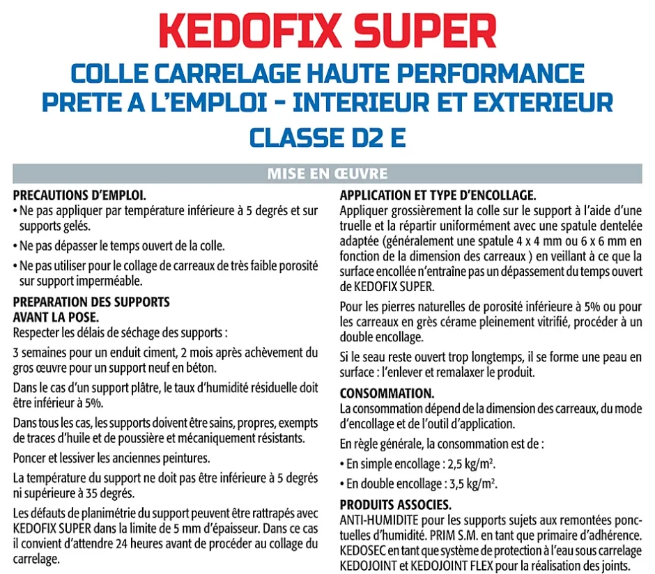 Lot de 2 colles pour Carrelage Haute Performance Kedofix , Prêt à l'emploi, Intérieur/extérieur, seau de 20 kg-Semin Discount