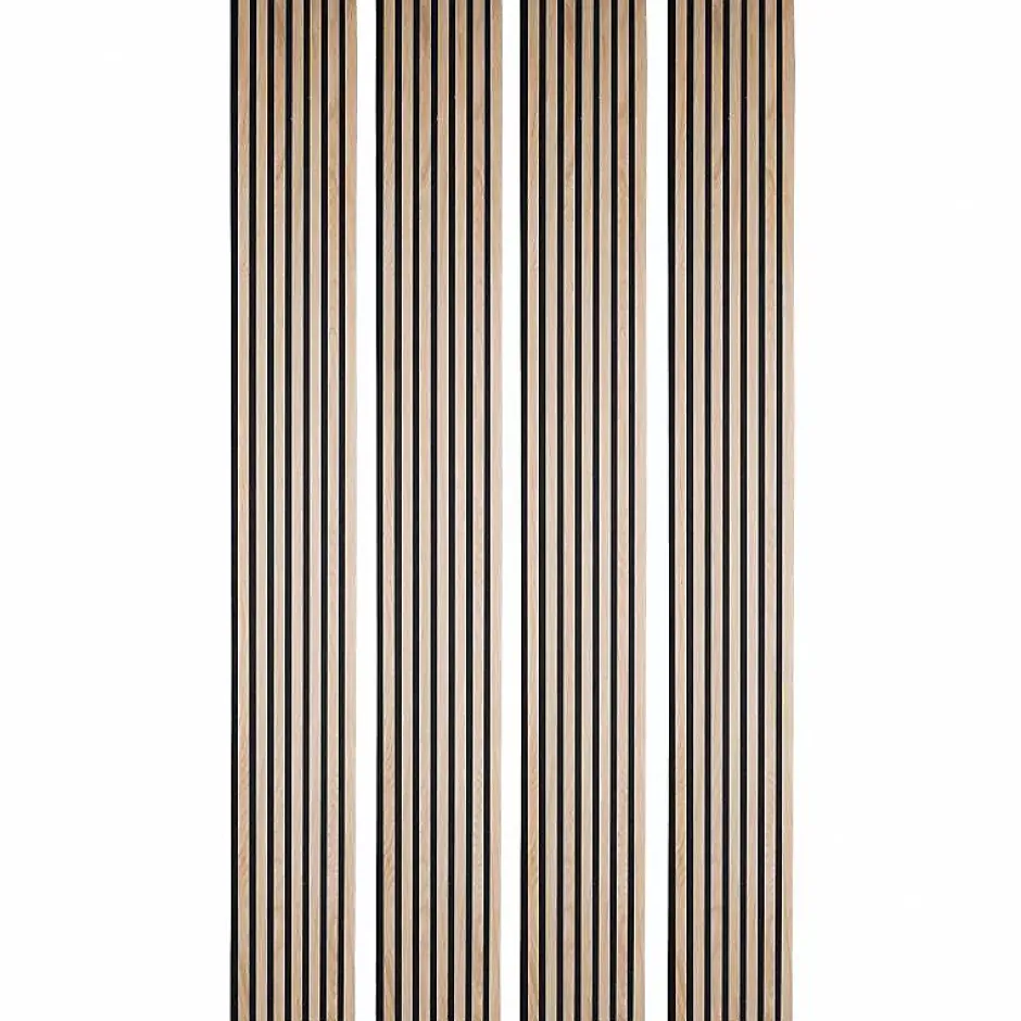 Lot de 4 panneaux acoustiques tasseaux bois 250 x 30 x 1,9 cm - Lamelles bois placage chêne clair véritable fond noir - 3m²-Decoon