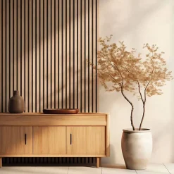 Lot de 4 panneaux acoustiques tasseaux bois 250 x 30 x 1,9 cm - Lamelles bois placage chêne clair véritable fond noir - 3m²-Decoon