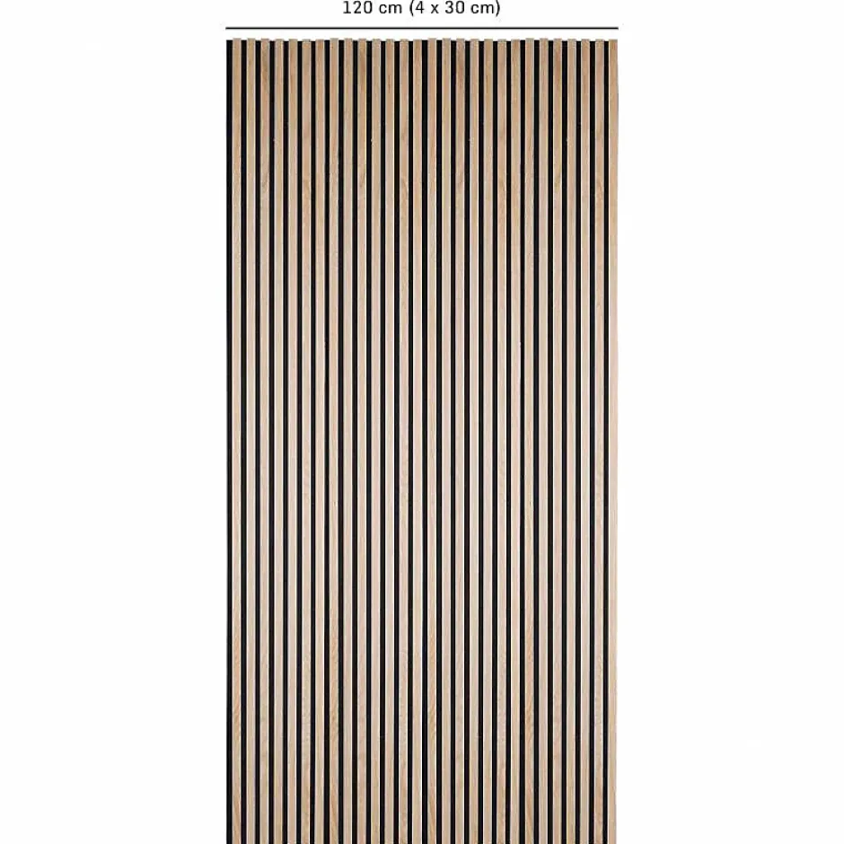 Lot de 4 panneaux acoustiques tasseaux bois 250 x 30 x 1,9 cm - Lamelles bois placage chêne clair véritable fond noir - 3m²-Decoon