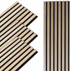 Lot de 4 panneaux acoustiques tasseaux bois 250 x 30 x 1,9 cm - Lamelles bois placage chêne clair véritable fond noir - 3m²-Decoon