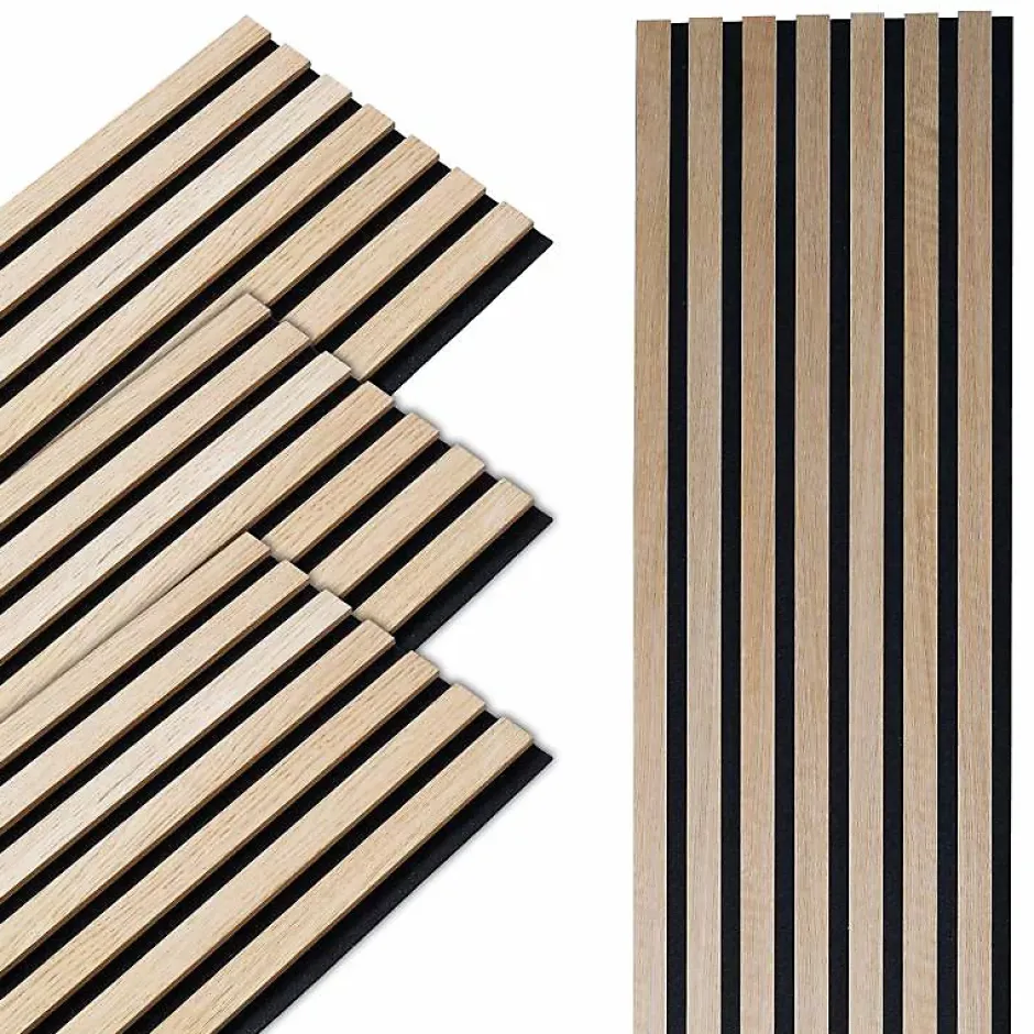 Lot de 4 panneaux acoustiques tasseaux bois 250 x 30 x 1,9 cm - Lamelles bois placage chêne clair véritable fond noir - 3m²-Decoon