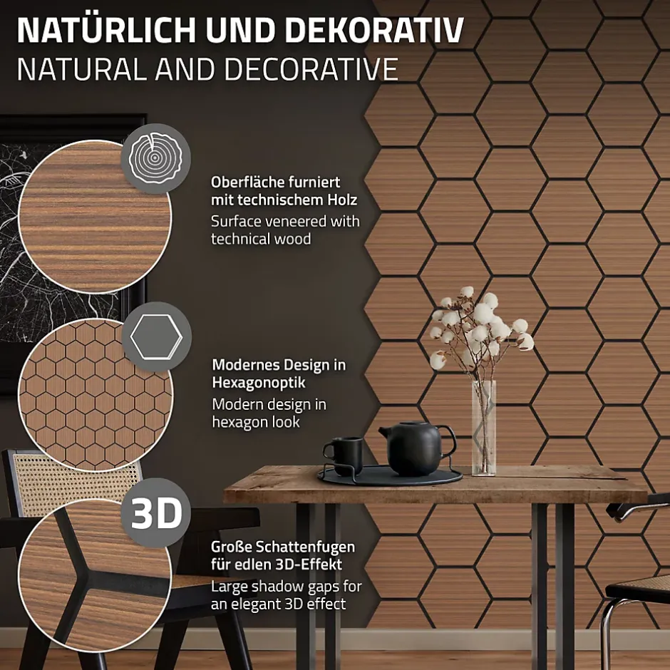 Ml-Design Lot de 2 panneaux acoustiques hexagonaux 66x81 cm 1m² isolation phonique teck