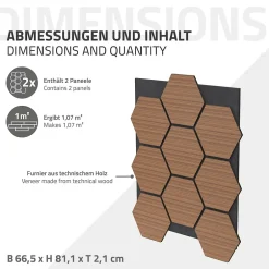 Ml-Design Lot de 2 panneaux acoustiques hexagonaux 66x81 cm 1m² isolation phonique teck