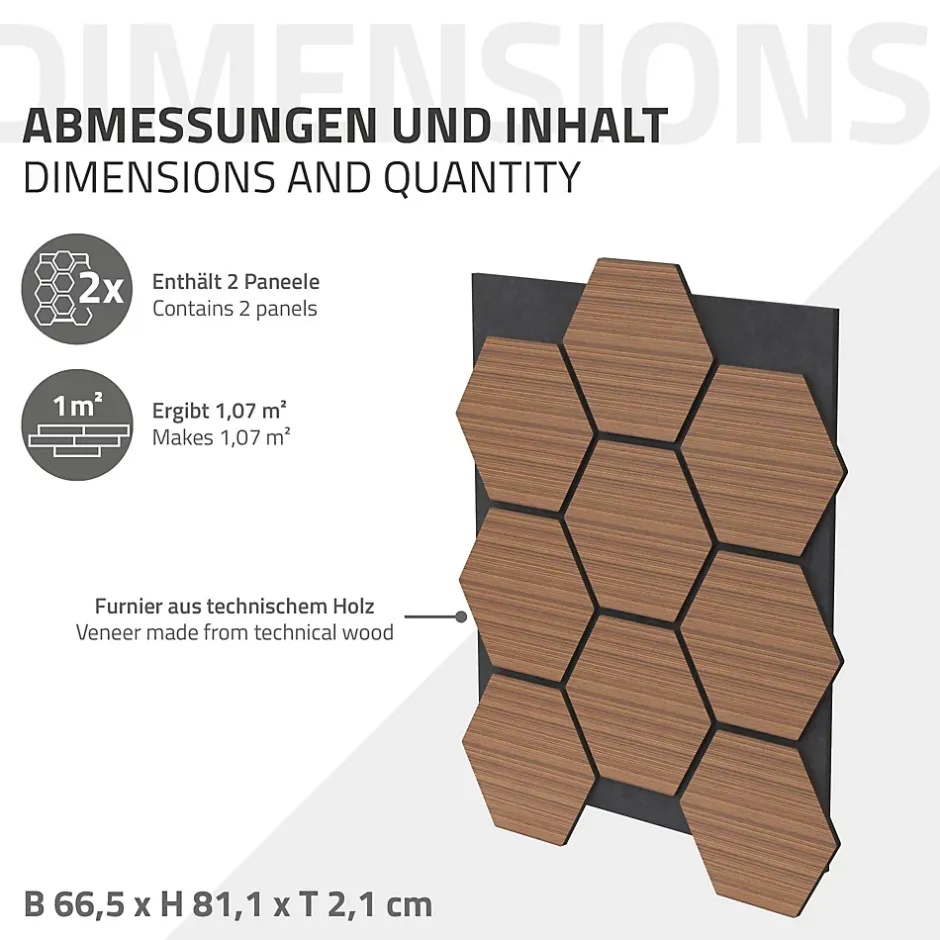 Ml-Design Lot de 2 panneaux acoustiques hexagonaux 66x81 cm 1m² isolation phonique teck