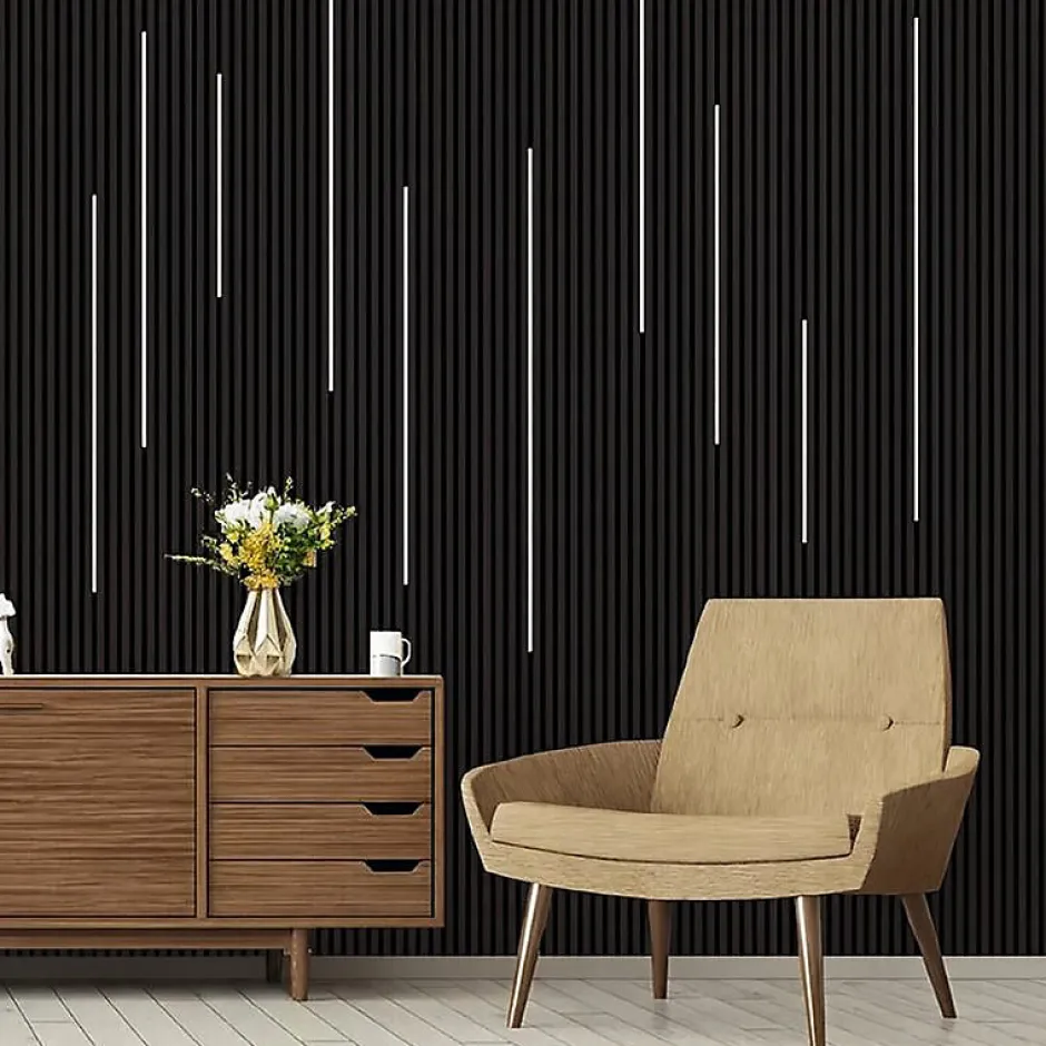 Lot de 2 Panneaux Acoustiques Muraux Bois 240x60x2,2cm - Couleur Noir avec Fond Noir --Silamp Clearance