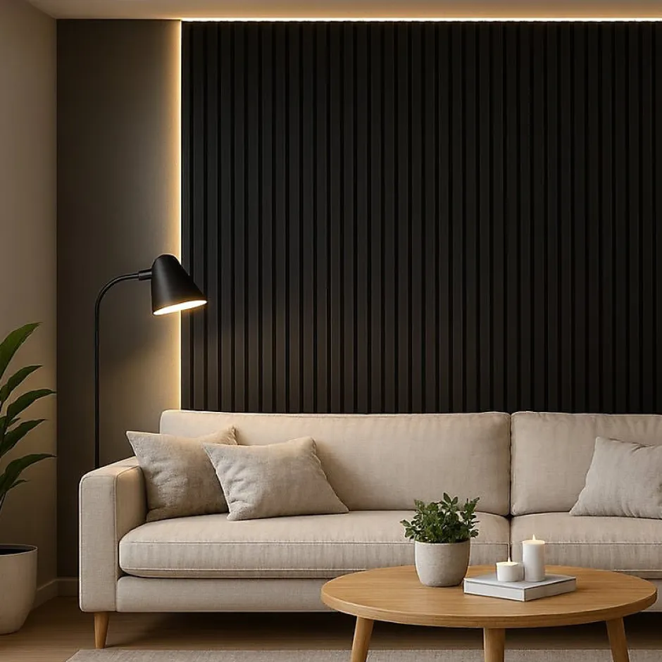 Lot de 2 Panneaux Acoustiques Muraux Bois 240x60x2,2cm - Couleur Noir avec Fond Noir --Silamp Clearance