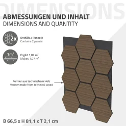 Ml-Design Lot de 2 panneaux acoustiques hexagonaux 66x81 cm 1m² isolation phonique marron