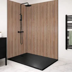 99Deco Lot de 2 panneaux de douche en PVC (90x220 & 120x220 cm) + profilés noir - effet bois - Japandi - Marron et noir