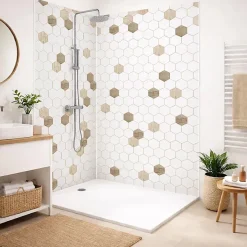 99Deco Lot de 2 panneaux de douche en PVC (90x220 & 120x220 cm) + profilés blanc - Charme - Hexa Bois - Marron