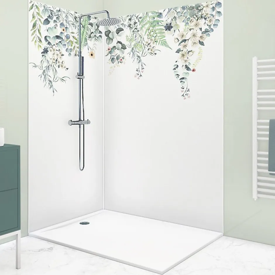 Lot de 2 panneaux de douche en PVC (90x220 & 120x220 cm) + profilés blanc - Flowers in Rain - Multicolore-99Deco Clearance
