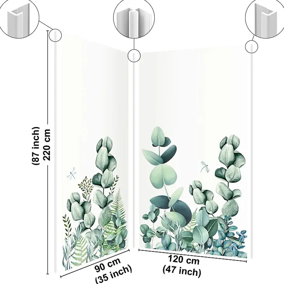 99Deco Lot de 2 panneaux de douche en PVC (90x220 & 120x220 cm) + profilés blanc - Motif végétal - Vert et Blanc - Quiétude