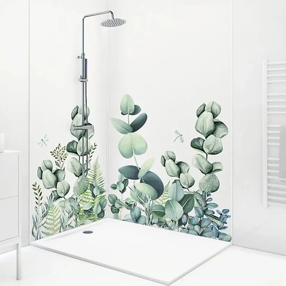 99Deco Lot de 2 panneaux de douche en PVC (90x220 & 120x220 cm) + profilés blanc - Motif végétal - Vert et Blanc - Quiétude