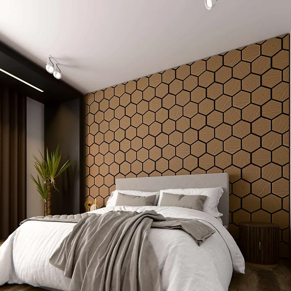 Mon Marché Déco Lot de 2 Panneaux Hexagonaux H. 76 cm L. 62 cm - Chêne Brun Feutre Noir